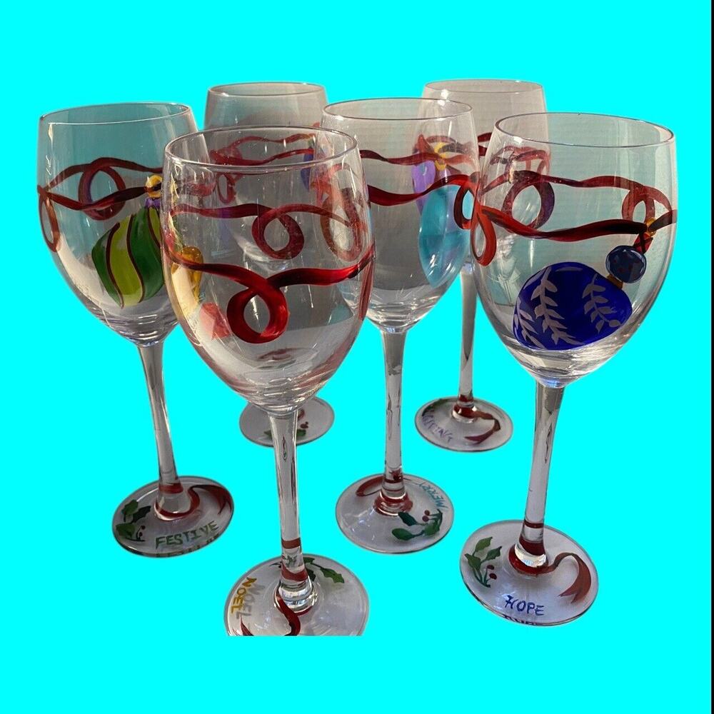 Lot Of 6 Hand-painted Christmas Stemware Wine Glasses Decorated With Ornaments